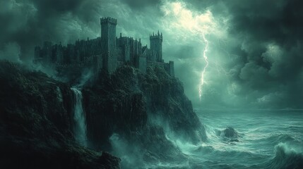 Dark castle on a stormy cliff with lightning and turbulent sea.