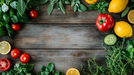 Wall Mural - A frame of fresh produce around a wooden cutting board.