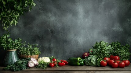 Wall Mural - Fresh vegetables and herbs in front of a rustic grey wall.