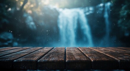 Poster - A serene wooden platform overlooking a tranquil waterfall in a lush, natural setting.