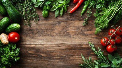 Wall Mural - Fresh herbs and vegetables on a wooden background.