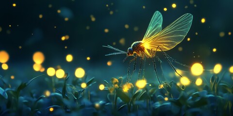 Wall Mural - Glowing insect with wings in foliage.