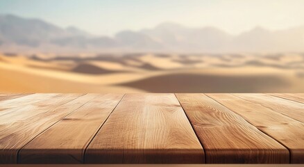 Sticker - A wooden table foreground with a blurred desert landscape in the background.