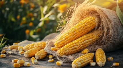 Wall Mural - Fresh corn on the cob in a burlap sack with kernels of corn on wooden table.