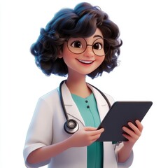 An isolated white and transparent 3D cartoon image of a happy smiling young woman using a tablet computer, generated using stock