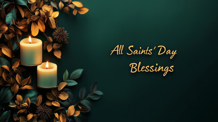 Wall Mural - All Saints' Day Blessings with lit candles and autumn leaves on dark green background with copy space