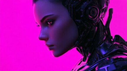 Poster - Character with a cyborg face and a background in technology and AI.