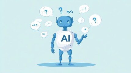 Poster - Chat bot - Stock AI character answering questions and having a conversation. Modern illustration.