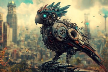 Poster - This is a detailed close-up of a steel metal technological robotic bird parrot gadget, with a white little robot pet. Futuristic stock pet. Place for text, copy & paste. Innovation high tech.