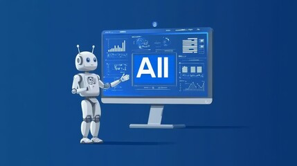Poster - Using AI computer software and performing various abstract tasks. Modern illustration in blue.
