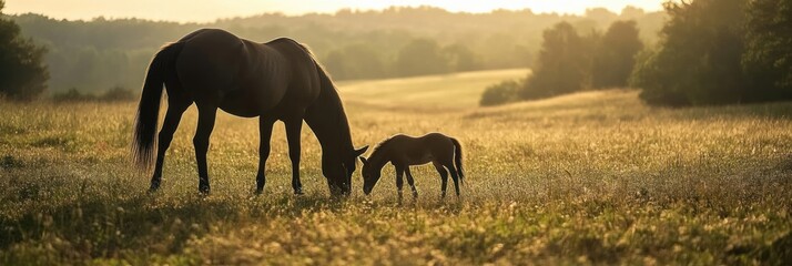 Wall Mural - A serene scene of a horse and its foal grazing in a sunlit field.