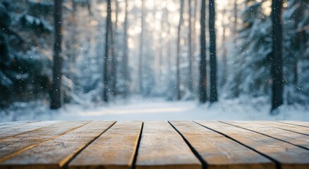 Poster - A serene winter landscape with a wooden table in the foreground and snow-covered trees behind.