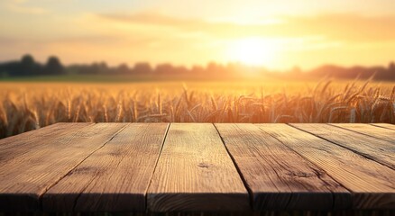 Poster - A wooden table in a golden wheat field at sunset, evoking tranquility and nature's beauty.