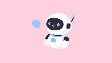 Poster - Modern chatbot illustration - AI robot character with speech bubbles in semi-flat design on light pink background