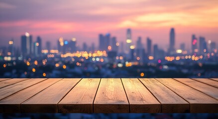 Wall Mural - A wooden table foreground with a blurred city skyline at sunset.