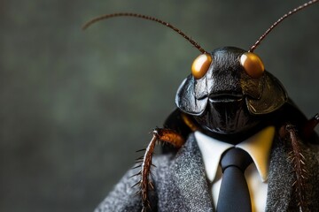 An image of a cockroach dressed in a suit on a black background.