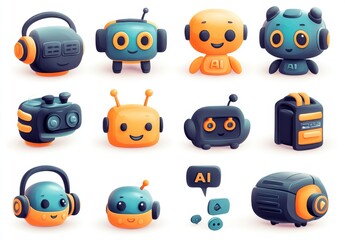 Poster - Chatbot technology, 3D artificial icon, customer service, support character face, human intelligence. Cyborg, headphones, speech bubble. Illustration for modern customer app laptop.