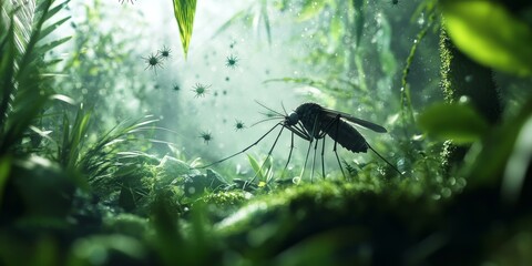 Sticker - A mosquito in a jungle with green foliage.