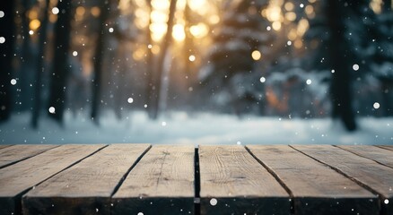 Sticker - A wooden table in a snowy forest with sunlight filtering through trees.