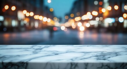 Sticker - A blurred city street view with a marble countertop in the foreground.