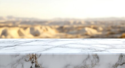 Canvas Print - A marble countertop with a blurred landscape in the background.