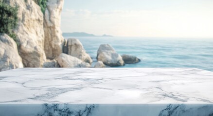 Poster - A serene marble table overlooking a tranquil ocean scene with rocky cliffs.