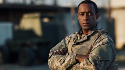 Wall Mural - Stoic African American Male Soldier in Full Military Uniform Outdoors, Stationed Near Army Vehicles