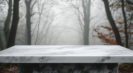 Sticker - A marble table stands in a foggy forest, creating a serene and mysterious atmosphere.