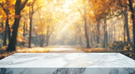 Sticker - A marble countertop in a sunlit autumn forest setting.