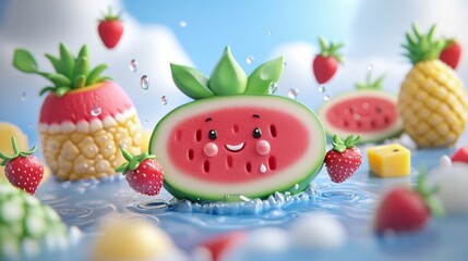 Anthropomorphic slice of watermelon with an expression of joy. Generative stock