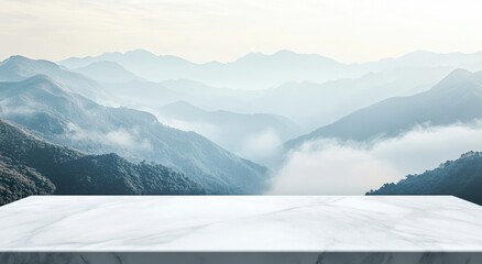 Wall Mural - A marble countertop in front of a misty mountain landscape.