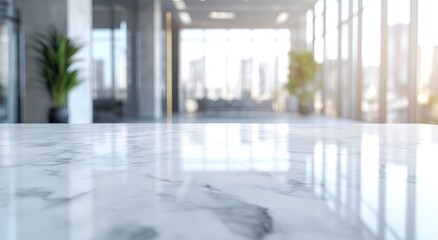 Sticker - A close-up view of a marble table in a modern office space with large windows.