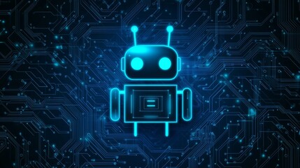 Fototapete - animated 3d polygonal robot illustration on circuit board light blue background. chat bot and circui