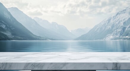 Sticker - Serene mountain landscape with calm water reflecting the sky.