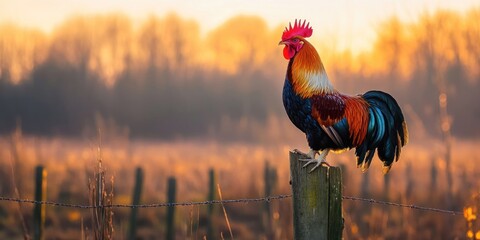 Sticker - A colorful rooster perched on a wooden post at sunrise in a tranquil rural setting.