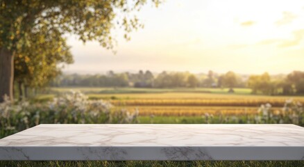 Canvas Print - A serene outdoor setting with a marble table overlooking a picturesque landscape.