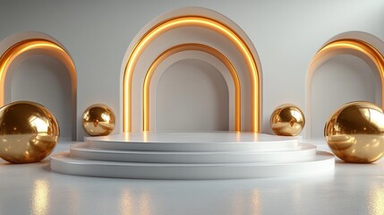 Wall Mural - 3d render modern minimalist white background with golden ball blank showcase scene