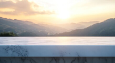 Canvas Print - A serene landscape with a marble countertop overlooking mountains at sunset.