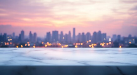 Wall Mural - blurred city skyline at sunset with a marble countertop in the foreground.
