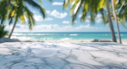 A blurred view of a marble table with a tropical beach and palm trees in the background.