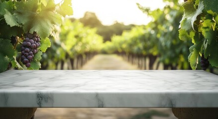 A marble table in a vineyard, surrounded by lush grapevines and soft sunlight.