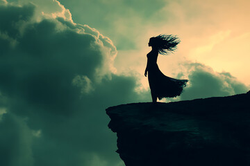 Wall Mural - Silhouette of a woman standing on a cliff against a dramatic sky.