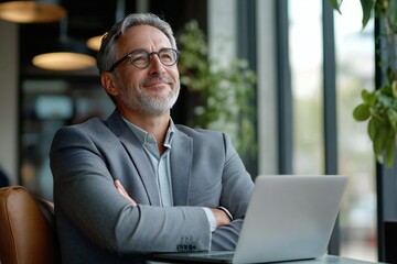 Happy mature middle aged professional business american man bank worker or hr manager, corporate executive looking away at work working on laptop computer in office thinking of business technology fut