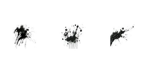 Wall Mural - Artistic black ink splatters on a white background for creative designs, backgrounds, or textures. Isolate on white background set