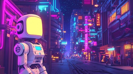 Wall Mural - Retro-futuristic robot standing on a neon-lit city street.