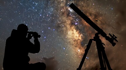 Wall Mural - Silhouette_of_man_watching_star_in_telescope_against