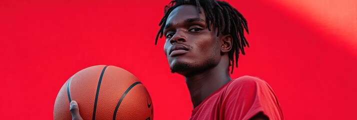 Poster - A young man poses confidently with a basketball against a vibrant red background.