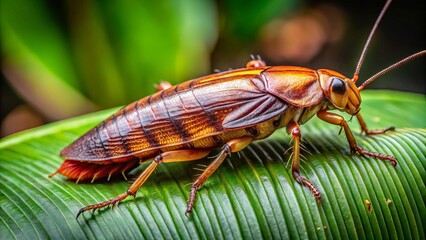 Within the leaf's veins, a Surinam roach navigates with ease, its robust body blending seamlessly with the plant's