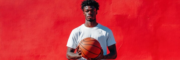 Sticker - A young man holds a basketball against a vibrant red background, showcasing athleticism and style.