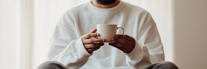 Sticker - A person holding a coffee cup, seated in a cozy, light-filled environment.